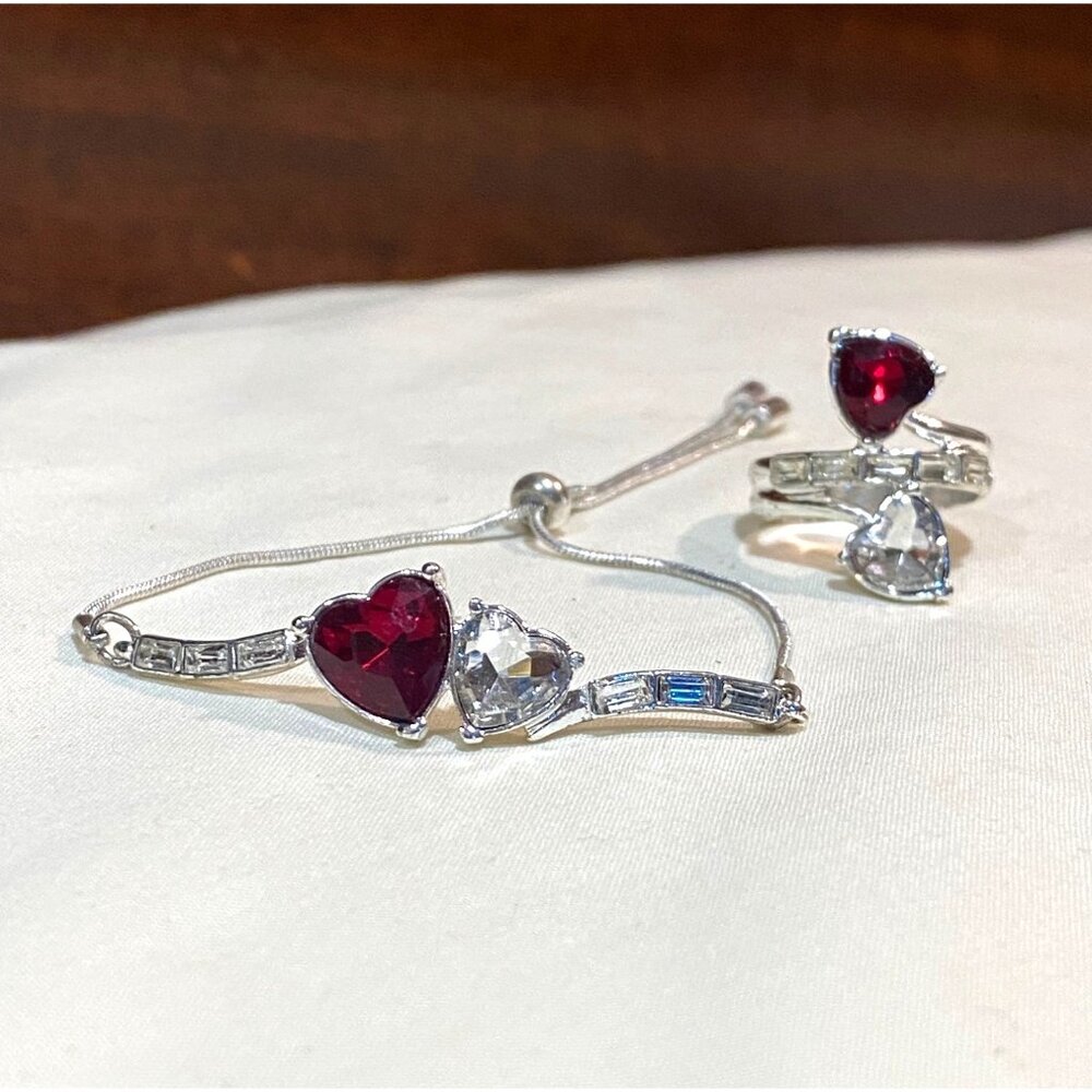 Heart-Shaped Ruby & Clear Zirconia Bracelet & Ring Set With Adjustable Fit/silve